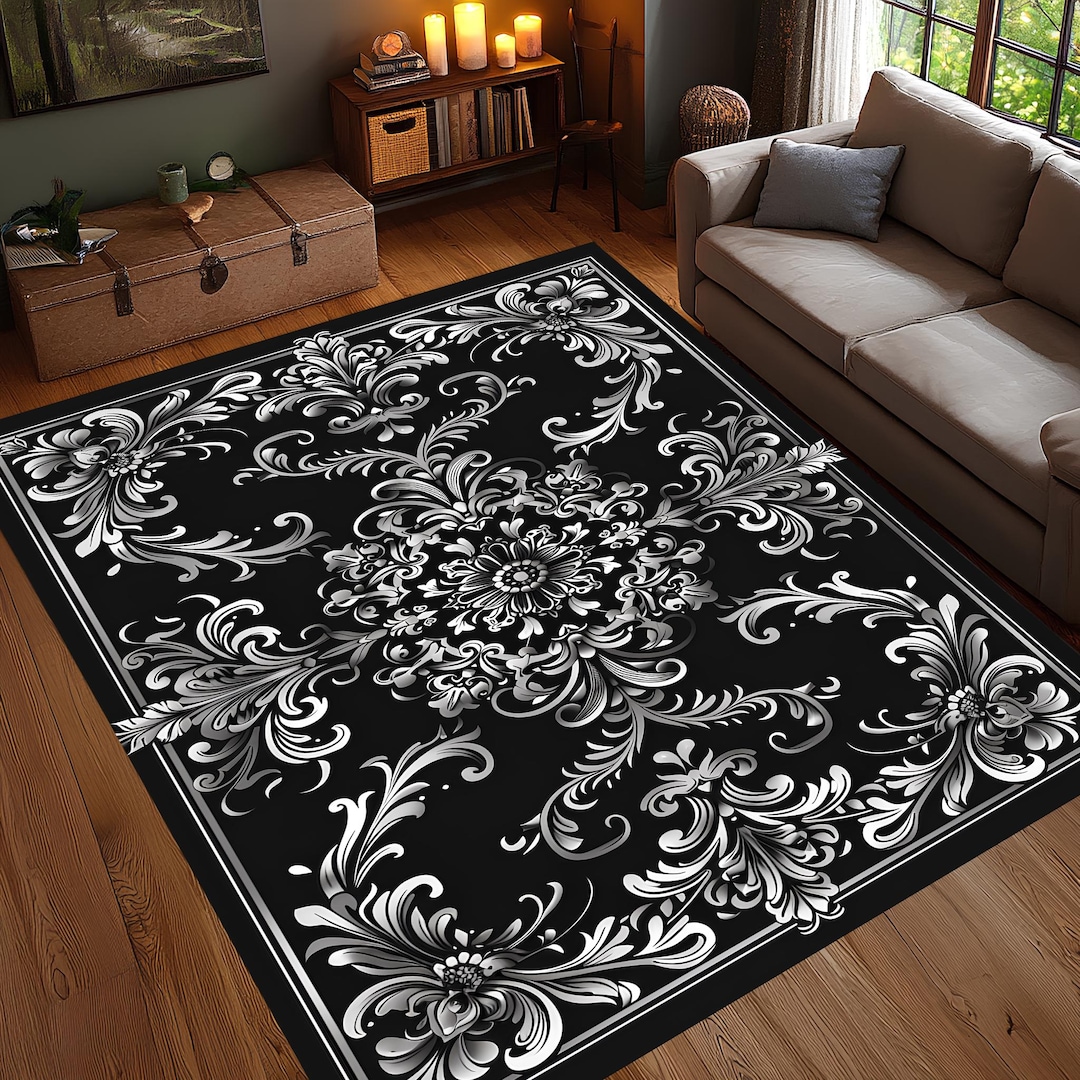 Round Baroque Rug Black and White Ornate Medallion Rug, Classic Baroque Floral Carpet ...