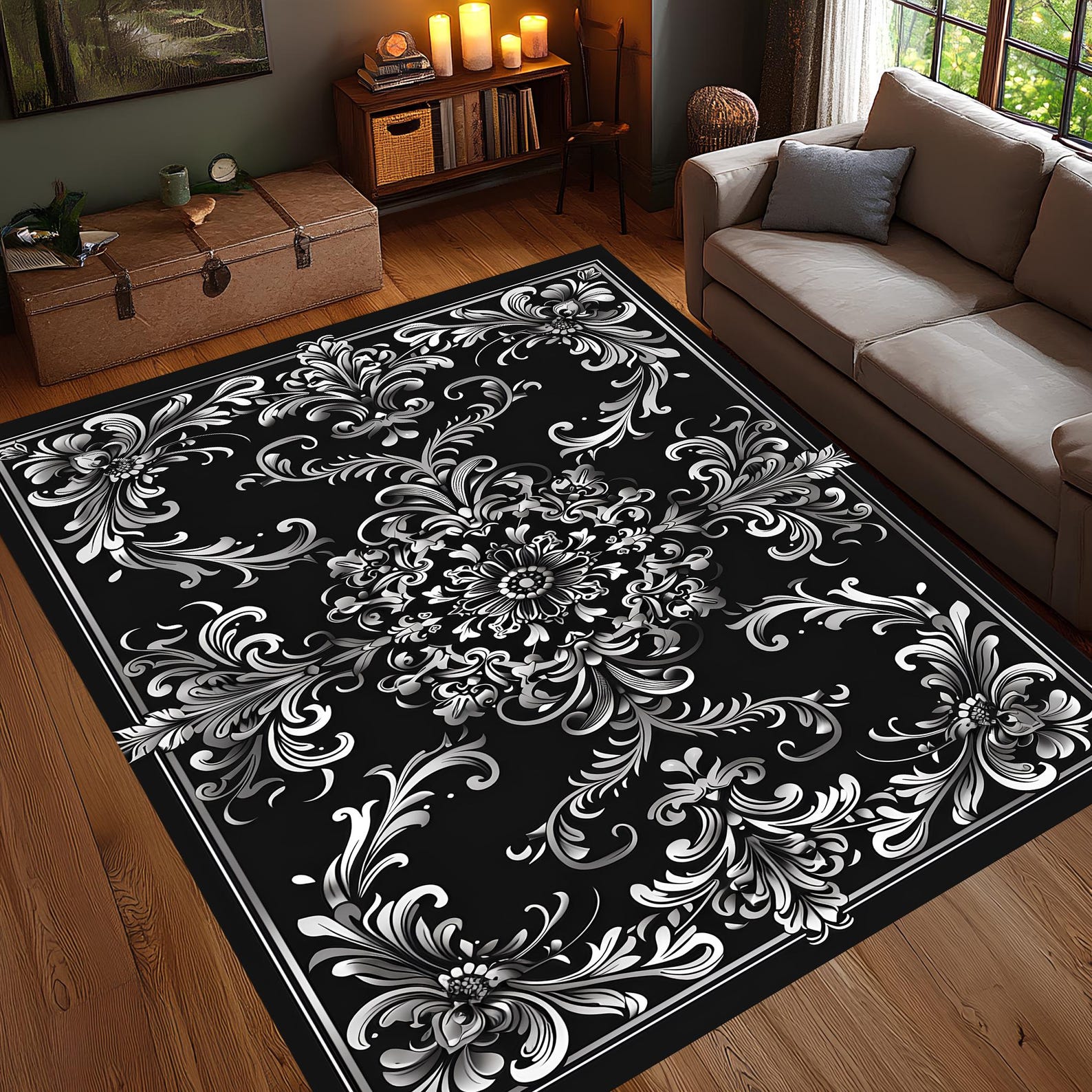 Black and White Ornate Medallion Rug, Classic Baroque Floral Carpet ...