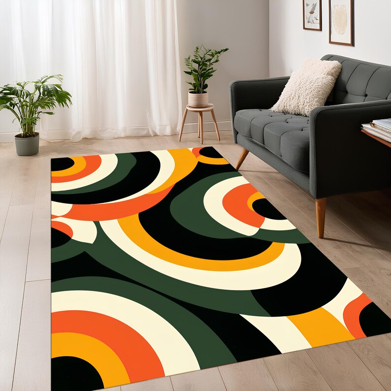 Retro Circles Rug, Colorful Abstract Area Carpet, Orange Green Pop Art ...