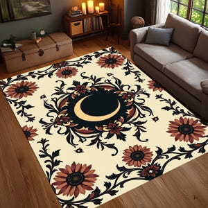 Gothic Crescent Moon Rug, Floral Beige Black Area Carpet, Washable Digital Print Rug, Non Slip Witchy Boho Floor Decor