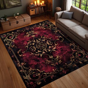 Carpet Rococo Red Gothic Red Black Floral Rug, Baroque Vintage Style Carpet, Washable Non ...