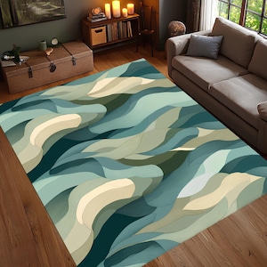 Abstract Wave Pattern Rug, Green Blue Beige Fluid Lines Carpet, Modern Organic Flowing Design Living Room Decor, Washable Non Slip Rug