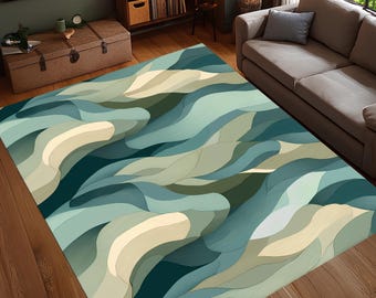 Abstrakter Wellenmusterteppich, Grün-Blau-Beiger Teppich mit Fluid Lines, modernes organisches Design Wohnzimmerdekor, waschbarer, rutschfester Teppich