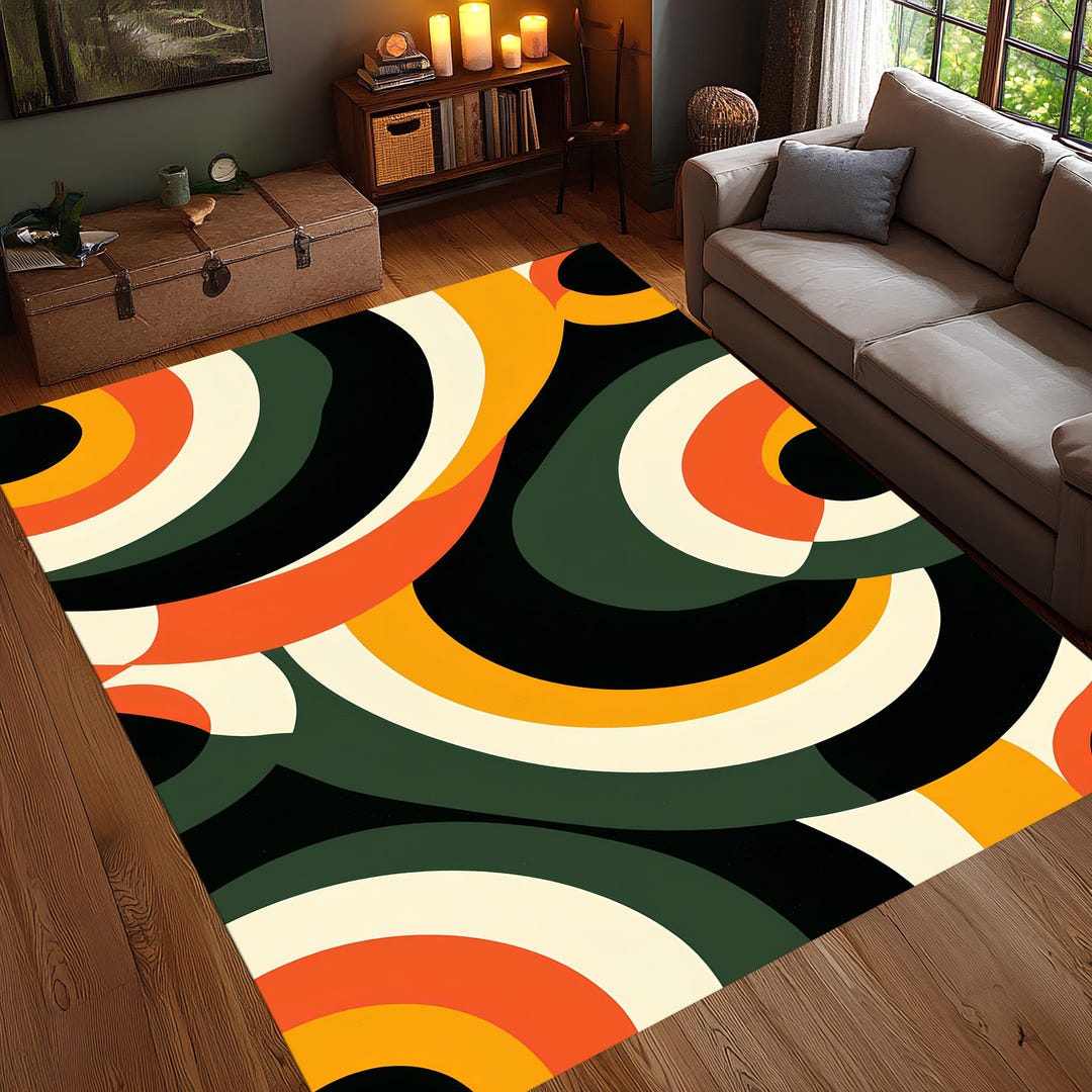 Retro Circles Rug, Colorful Abstract Area Carpet, Orange Green Pop Art ...