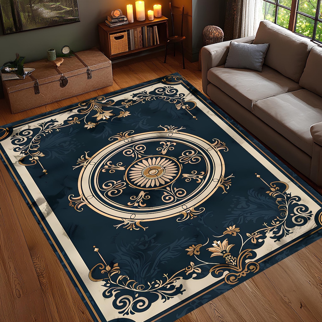 Navy Blue Classic Medallion Rug, Eleg...