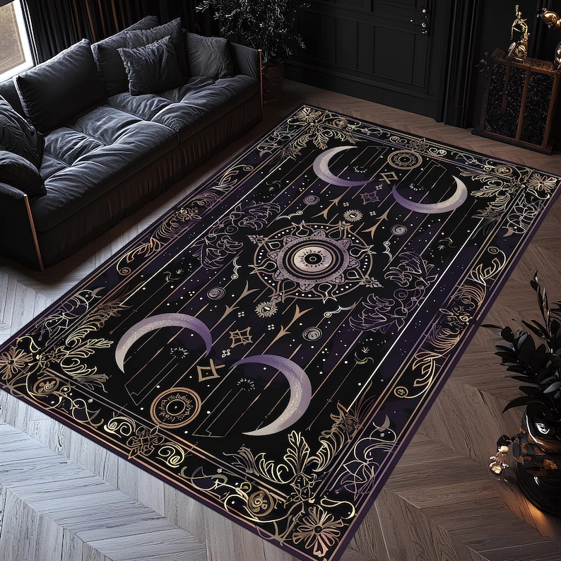 Moon Pattern Rug Witchy Celestial Moon and Symbols Rug, Gothic Purple Black Area Carpet ...