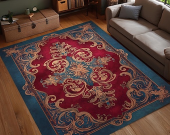 Hochrot-blauer Barock-Teppich, Benutzerdefinierter Zierbereichteppich, elegantes Goldrollendesign, Statement-Teppich mit blauer Bordüre, luxuriöses Wohnzimmerdekor