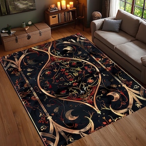 Gold Crescent Moon Rug, Gothic Art Nouveau Carpet, Elegant Black Beige Non Slip Area Rug for Living Room, Bedroom or Hallway Decor