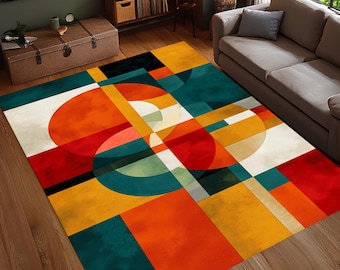 Retro Abstrakter Geometrischer Teppich, Bunter Kreis- und Gittermusterteppich, Bold Mid Century-Wohnzimmerdekor, Waschbarer, rutschfester Teppich