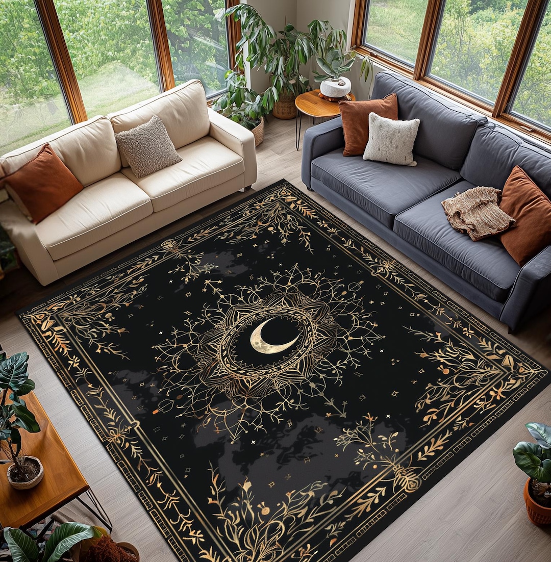 Abstract Moon Rugs Mystical Moon Rug, Gold Crescent Floral Carpet, Washable Non Slip Rug ...