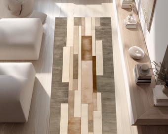 Modern Minimalist Hallway Rug, Neutral Block Pattern Runner, Taupe Beige Brown Carpet, Scandinavian Style Entry Rug, Washable Non Slip Rug