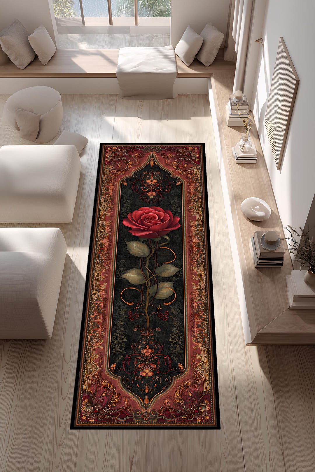 Red Rose Ornate Runner Rug, Baroque Black Gold Carpet, Gothic Floral ...