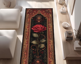 Red Rose Ornate Runner Rug, Baroque Black Gold Carpet, Gothic Floral Hallway Decor, Lux Long Area Rug