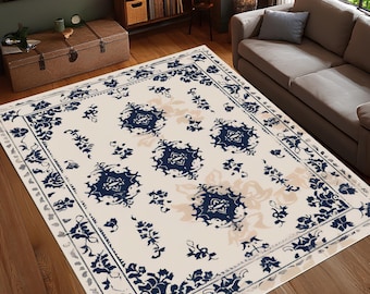Marineblauw en crèmekleurig tapijt met bloemen, vintage medaillon woonkamertapijt, elegante vloermat met traditioneel patroon voor woondecoratie