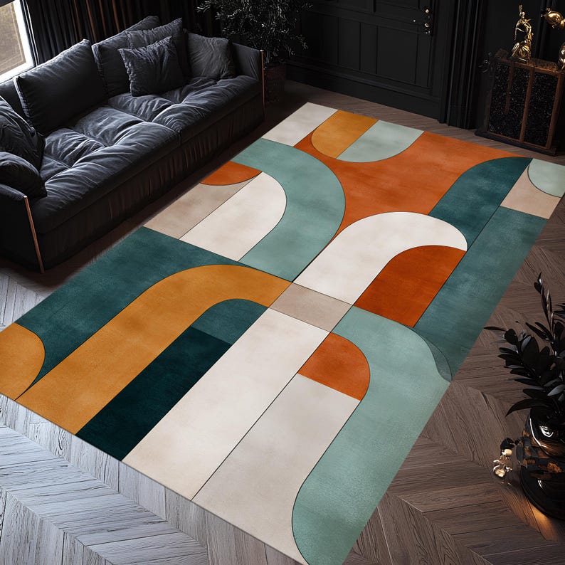 Arched Terracotta Modern Rug, Retro Mid Century Minimal Carpet ...