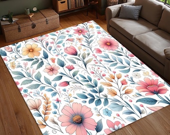 Hand gezeichneter Blumenteppich, Pastell Botanischer Teppich, Eleganter Natur Wohnzimmer Teppich, Helles Boho Dekor, Waschbarer Teppich, rutschfest