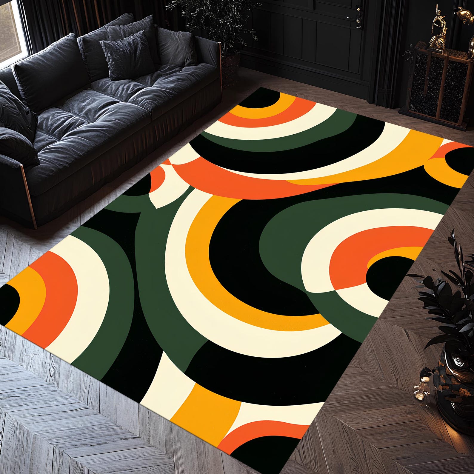 Retro Circles Rug, Colorful Abstract Area Carpet, Orange Green Pop Art ...