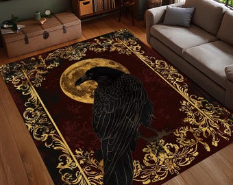 Gothic Raven Moon Teppich, Schwarzer Vogel Teppich mit Goldakzenten, Dunkles Academia-Dekor, Waschbarer, rutschfester Barock-Teppich, Okkultes Zuhause