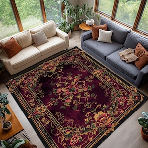 Floral Vintage Area Rug, Ornate Botanical Carpet, Baroque Style Living Room Decor, Washable Non Slip Rug