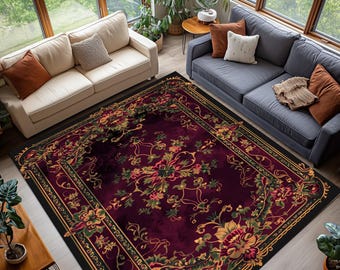 Floral Vintage Area Rug, Ornate Botanical Carpet, Baroque Style Living Room Decor, Washable Non Slip Rug