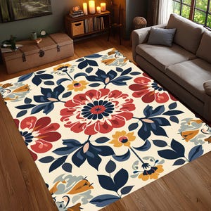 Modern Floral Area Rug, Colorful Flower Carpet, Boho Bloom Print Rug, Bold Garden Inspired Floor Mat, Non Slip Washable Living Room Rug