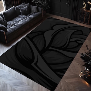 Black Rose Rug, Gothic Floral Carpet, Dark Minimal Area Rug, Washable Modern Floor Mat