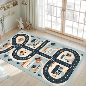 Kinderen spelen wegtapijt, tapijt stadsstraatkaart, zacht pastelkleurige autobaantapijt, wasbaar antislip tapijt, peuterkamerdecor