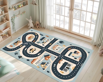 Kinder spielen Straßenteppich, weicher pastellfarbener Straßenteppich, waschbarer rutschfester Teppich für Kinderzimmer