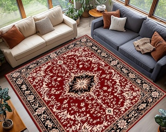 Burgunder Medaillon Orientteppich, Klassischer Roter Teppich, Waschbarer Digitaldruck Teppich, Rutschfeste Traditionelle Bodendekoration