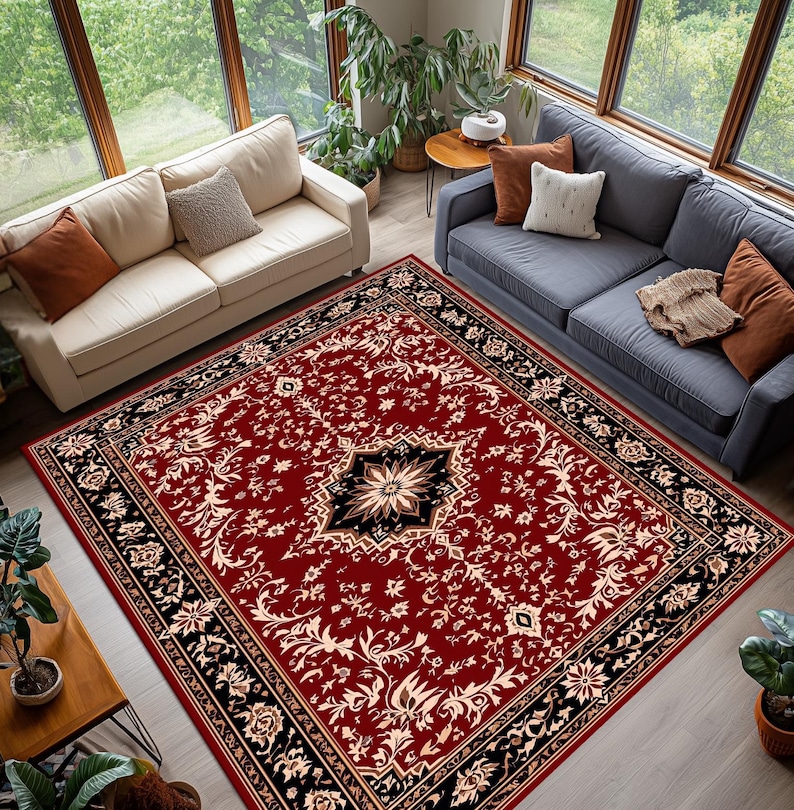 Burgundy Medallion Oriental Rug, Classic Red Area Carpet, Washable ...