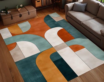 Arched Terracotta Modern Rug, Retro Mid Century Minimal Carpet, Abstract Arch Pattern Living Room Area Rug, Orange Teal Floor Decor