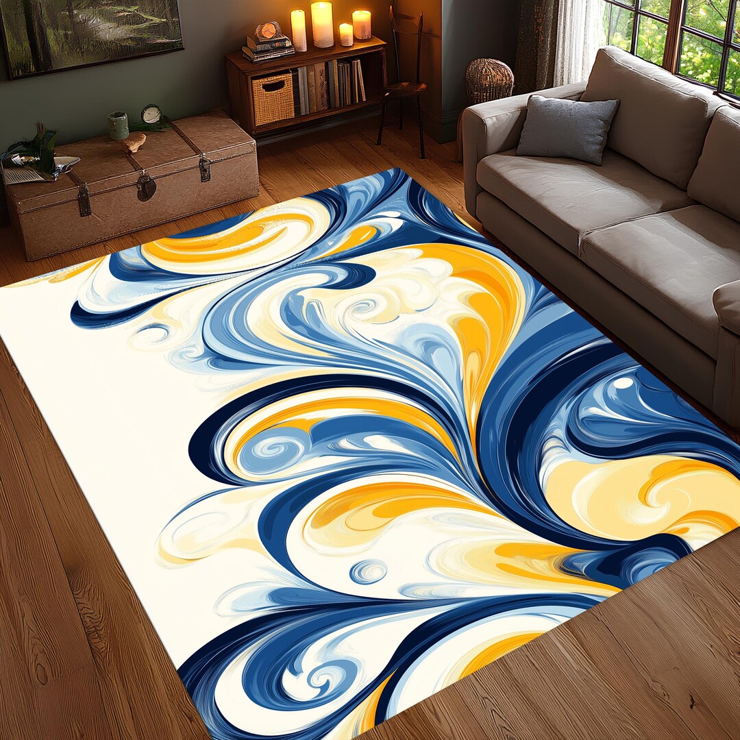 Fluid Art Blue Yellow Rug, Abstract Ink Style Area Rug, Modern Artistic ...