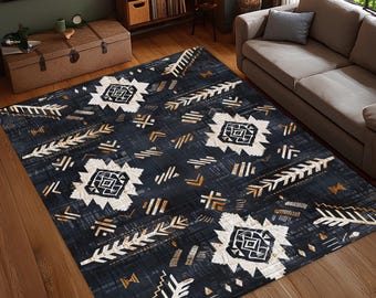 Boho Tribal Area Rug, Washable Ethnic Carpet in Navy Blue Tones, Digital Print Rug with White Medallion & Leaf Pattern