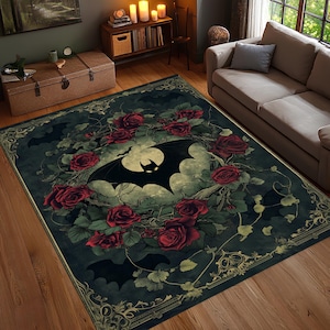 Gothic Bat Rose Area Rug, Dark Romantic Vampire Carpet, Red Black Floral Gothic Decor, Washable Non Slip Rug