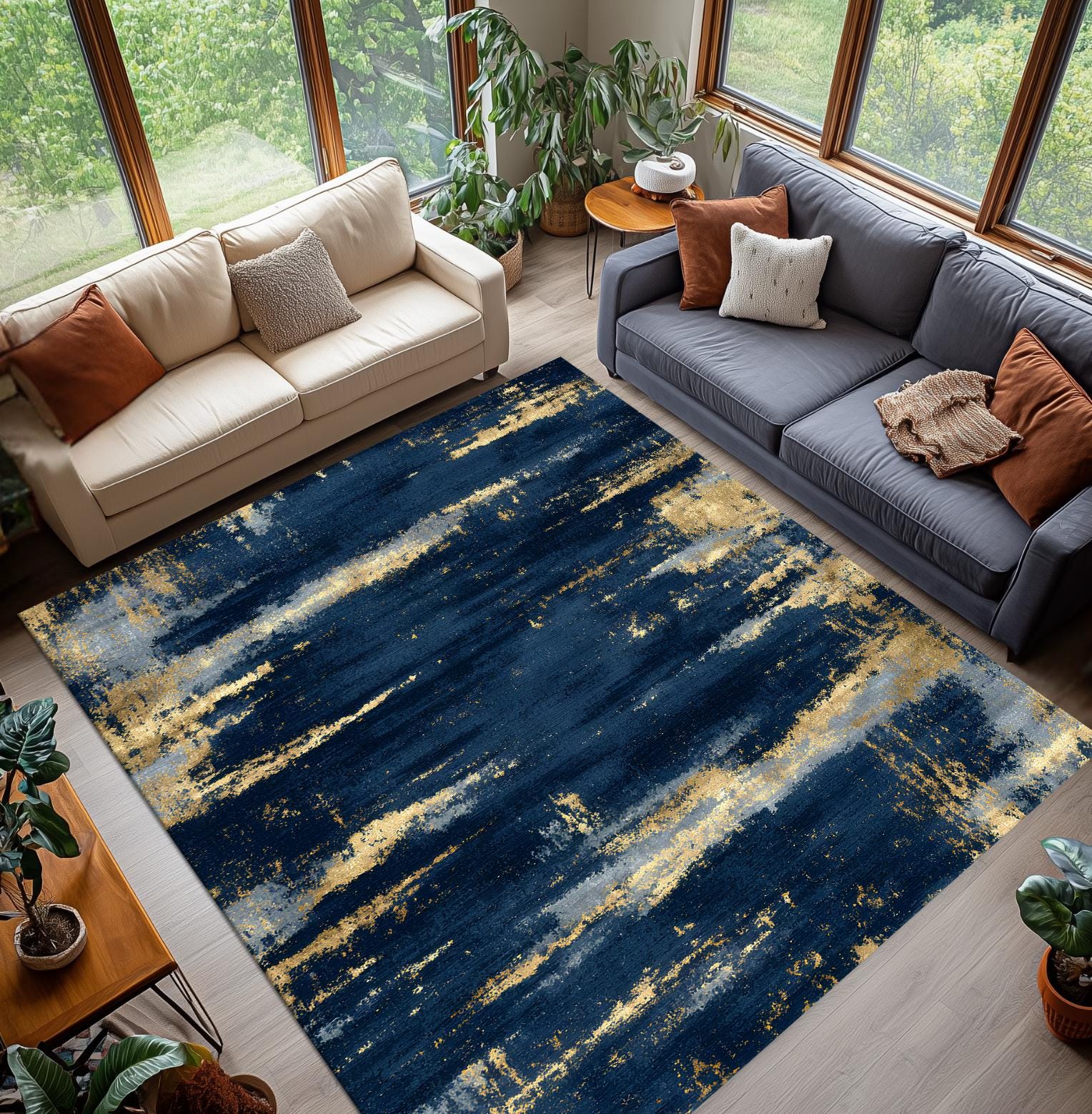 Navy Gold Abstract Area Rug, Modern Brush Stroke Carpet, Artistic Blue ...