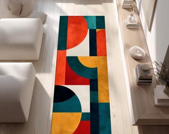 Retro Color Block Runner Rug, Mid Century Modern Abstract Carpet, Colorful Hallway Geometric Rug, Red Teal Mustard Long Area Rug