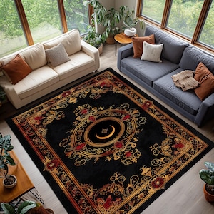 Gothic Moon Baroque Rug, Burgundy Black Gold Floral Carpet, Mystical Scrollwork Living Room Decor, Ornate Washable Area Rug