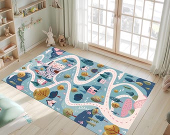 Castle Road Playroom Rug, Kids Map Carpet with River and Trees, Colorful Fairytale Town Floor Mat, Washable Non Slip Rug