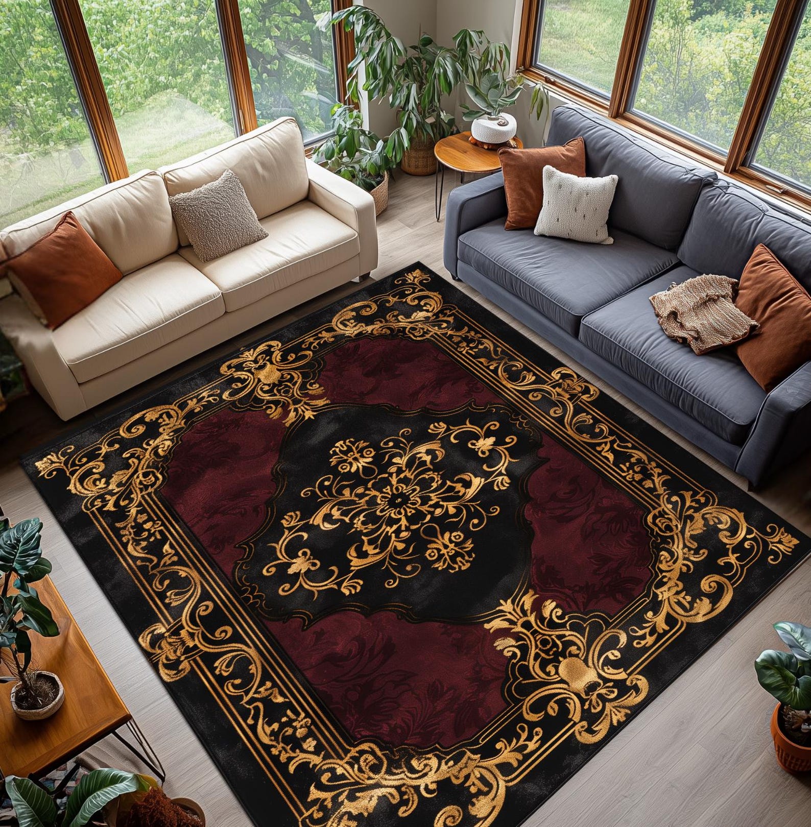 Black Burgundy Baroque Area Rug, Gold Scrollwork , Washable Non Slip ...