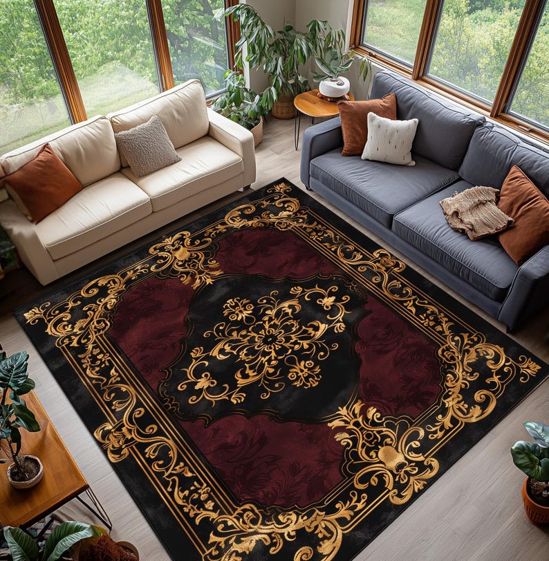 Round Baroque Rug Black Burgundy Baroque Area Rug, Gold Scrollwork , Washable Non Slip ...