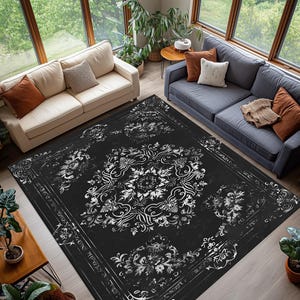 Baroque Black Floral Area Rug, Gothic Rose Medallion Design with Distressed Texture, Non-Slip Washable Dark Living Room Carpet