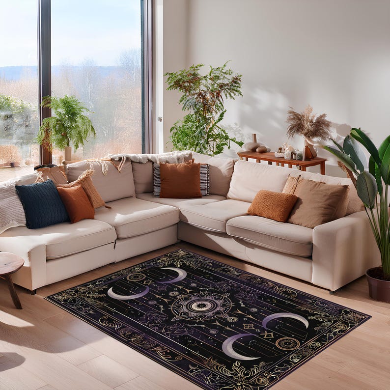 Witchy Celestial Moon and Symbols Rug, Gothic Purple Black Area Carpet ...