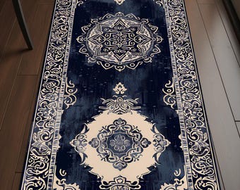 Marine Creme Medaillon Läufer Teppich, Traditioneller Vintage Flur Teppich, Distressed Langer Teppich im orientalischen Stil, Waschbar, Rutschfest