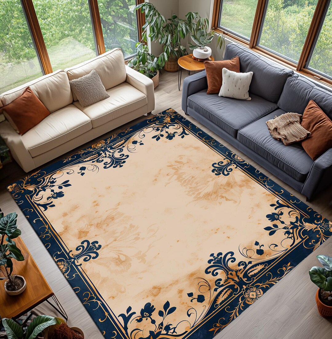 Elegant Cream and Navy Blue Classic Border Rug, Washable Non-slip Area ...