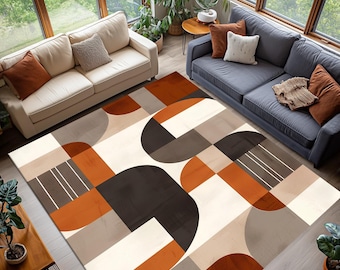 Alfombra geométrica abstracta terrosa, moderna alfombra circular neutra, alfombra para sala de estar en tonos terracota, negro y beige, diseño art déco audaz.