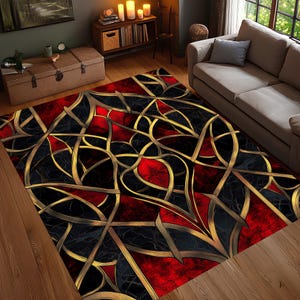 Gothic Black Red Rug, Ornate Gold Line Art Carpet, Dark Baroque Style Floor Mat, Medieval Abstract Area Rug, Statement Hallway Runner