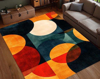 Bold Geometric Circle Area Rug, Colorful Abstract Modern Carpet, Mid Century Inspired Living Room Decor, Washable Non Slip Rug