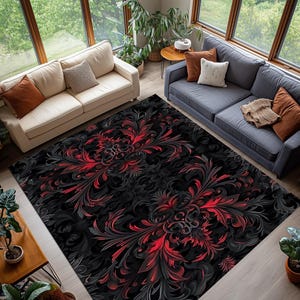 Dark Baroque Floral Rug, Gothic Red Black Scroll Carpet, Ornate Teal Accent Rug, Vintage Gothic Living Room Decor