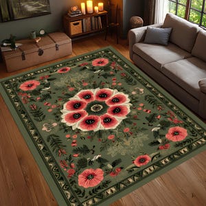 Olive Green Floral Bird Area Rug, Romantic Poppy Botanical Carpet, Nature Inspired Vintage Style Washable Rug