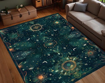 Mystischer Kristallteppich, Teppich aus Galaxie, Hexenteppich, Sternennachtdekor, waschbarer, rutschfester Teppich